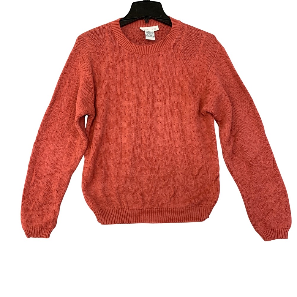 Vintage Talbots Women's S Cable Knit Sweater Coral Pink Cotton Crewneck Pullover